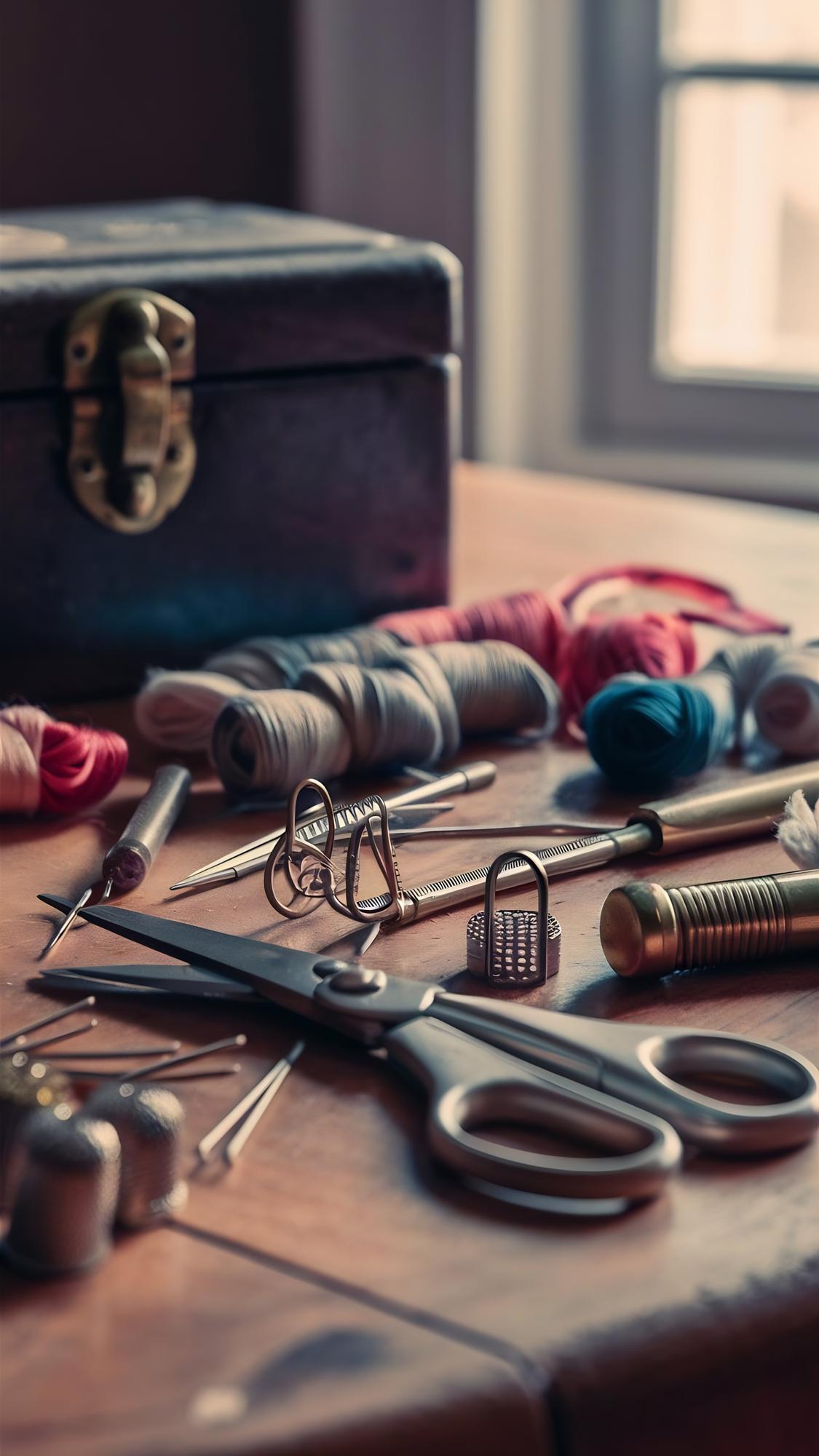 set di materiale del corso con fili e aghi disposti elegantemente